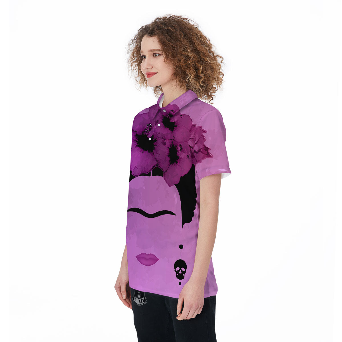 Pink Floral And Frida Kahlo Print Women's Golf Shirts-grizzshop