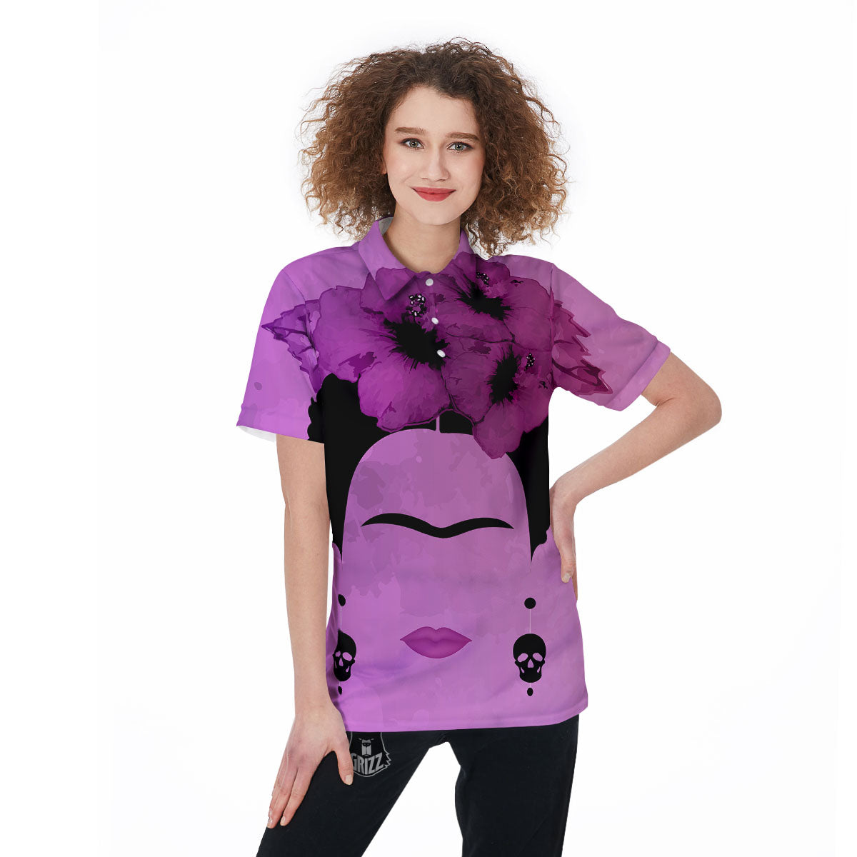 Pink Floral And Frida Kahlo Print Women's Golf Shirts-grizzshop