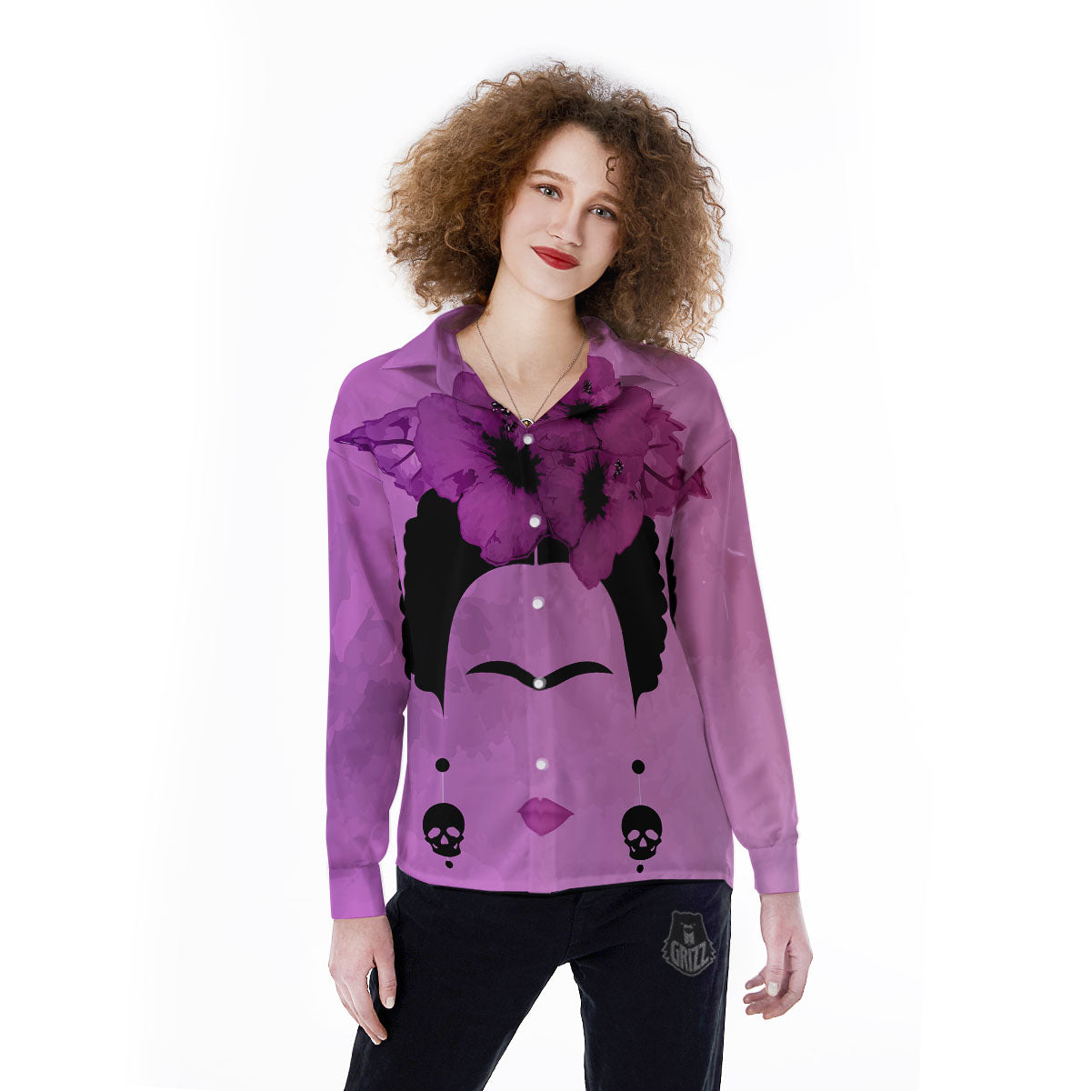 Pink Floral And Frida Kahlo Print Women's Long Sleeve Shirts-grizzshop