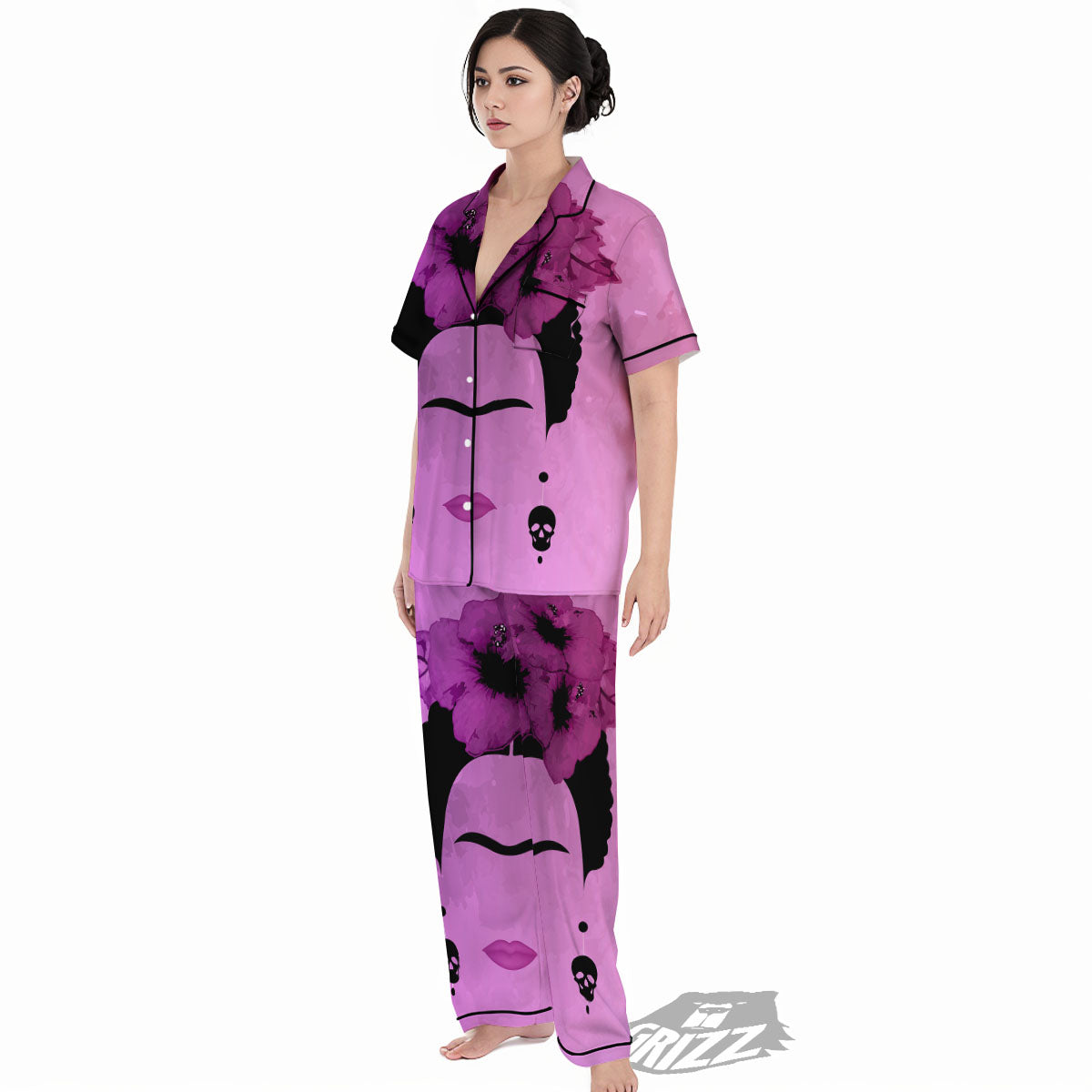 Pink Floral And Frida Kahlo Print Women's Pajamas Set-grizzshop
