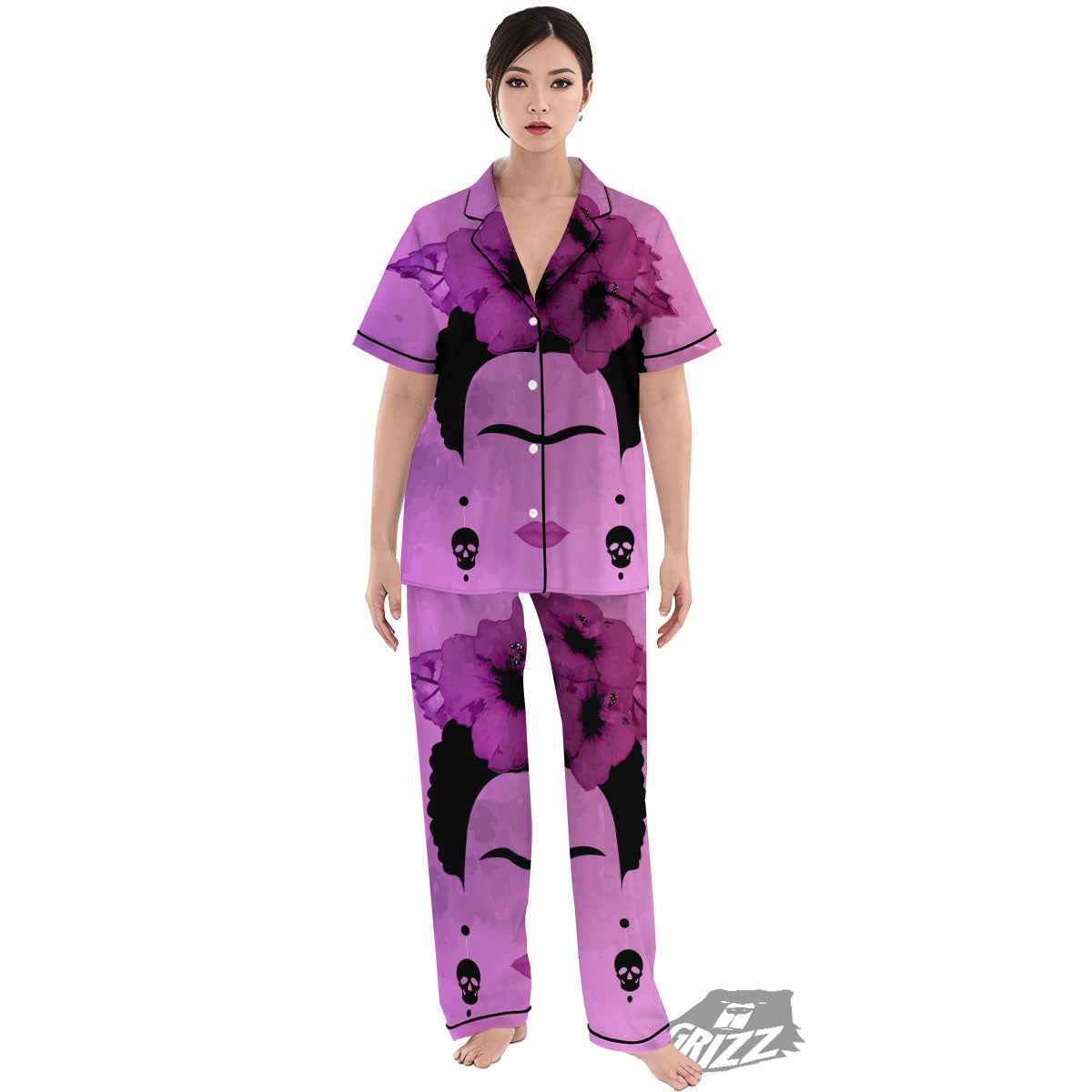 Pink Floral And Frida Kahlo Print Women's Pajamas Set-grizzshop