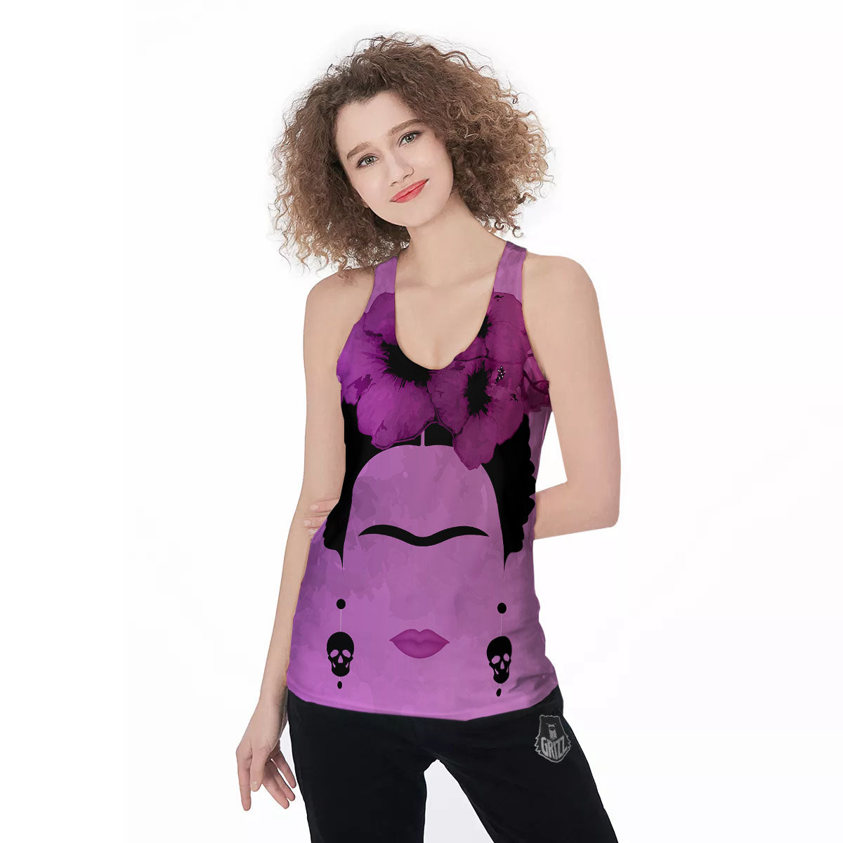 Pink Floral And Frida Kahlo Print Women's Racerback Tank Top-grizzshop