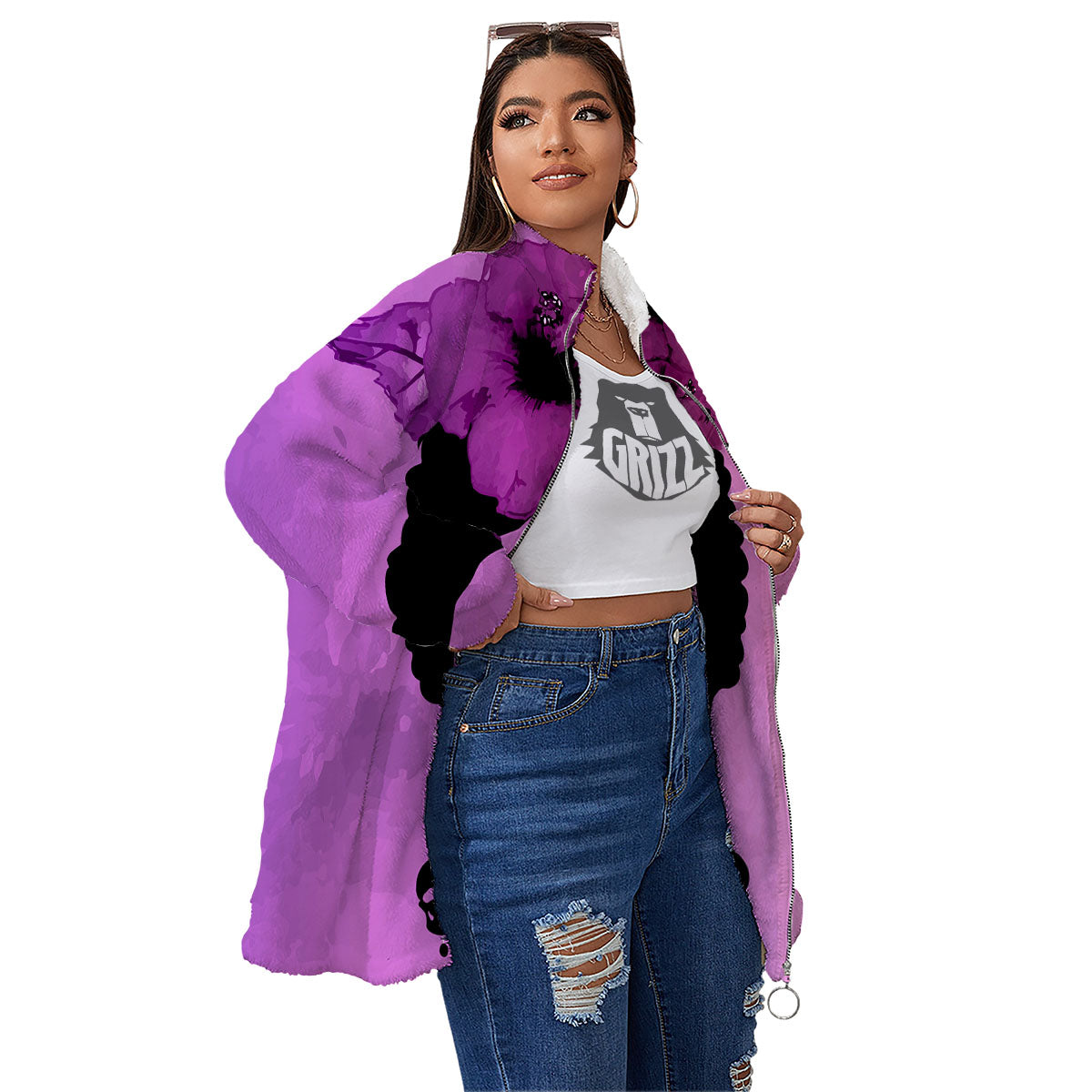 Pink Floral And Frida Kahlo Print Women's Sherpa Jacket-grizzshop