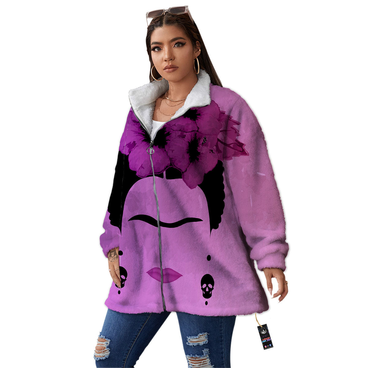 Pink Floral And Frida Kahlo Print Women's Sherpa Jacket-grizzshop