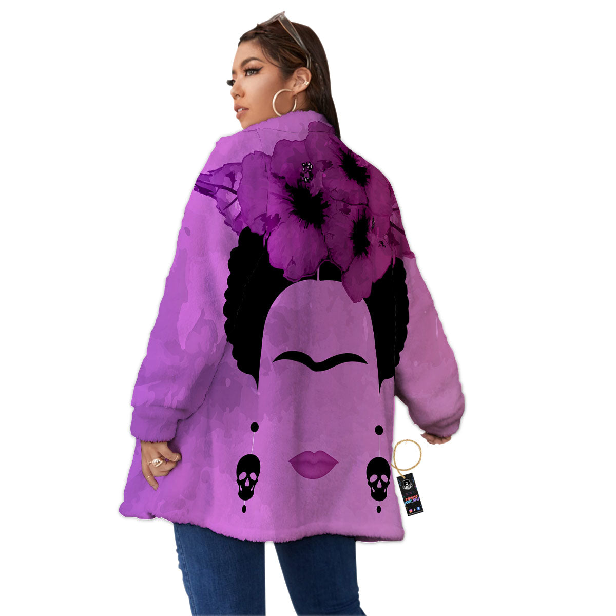 Pink Floral And Frida Kahlo Print Women's Sherpa Jacket-grizzshop