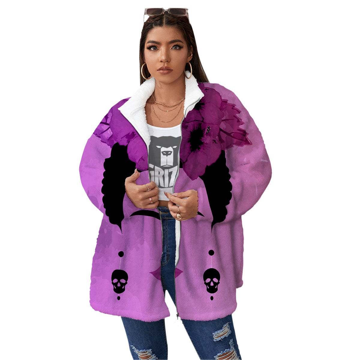 Pink Floral And Frida Kahlo Print Women's Sherpa Jacket-grizzshop