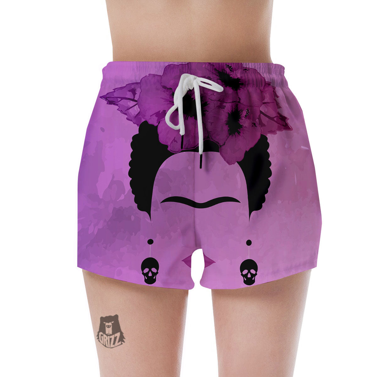 Pink Floral And Frida Kahlo Print Women's Shorts-grizzshop