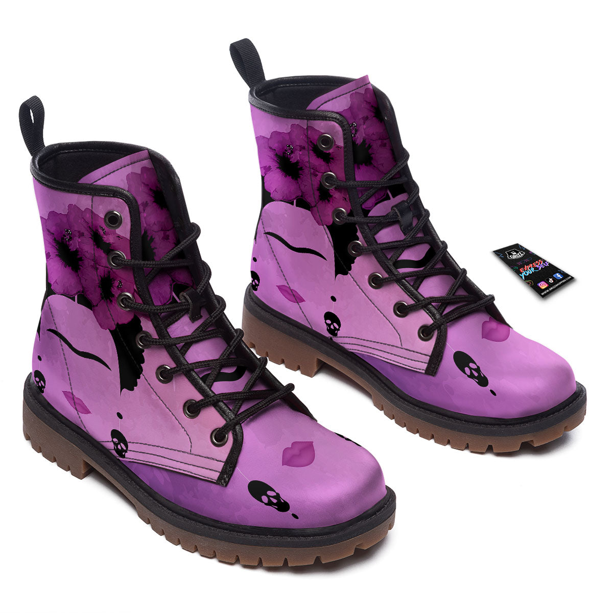 Pink Floral And Frida Kahlo Print Work Boots-grizzshop