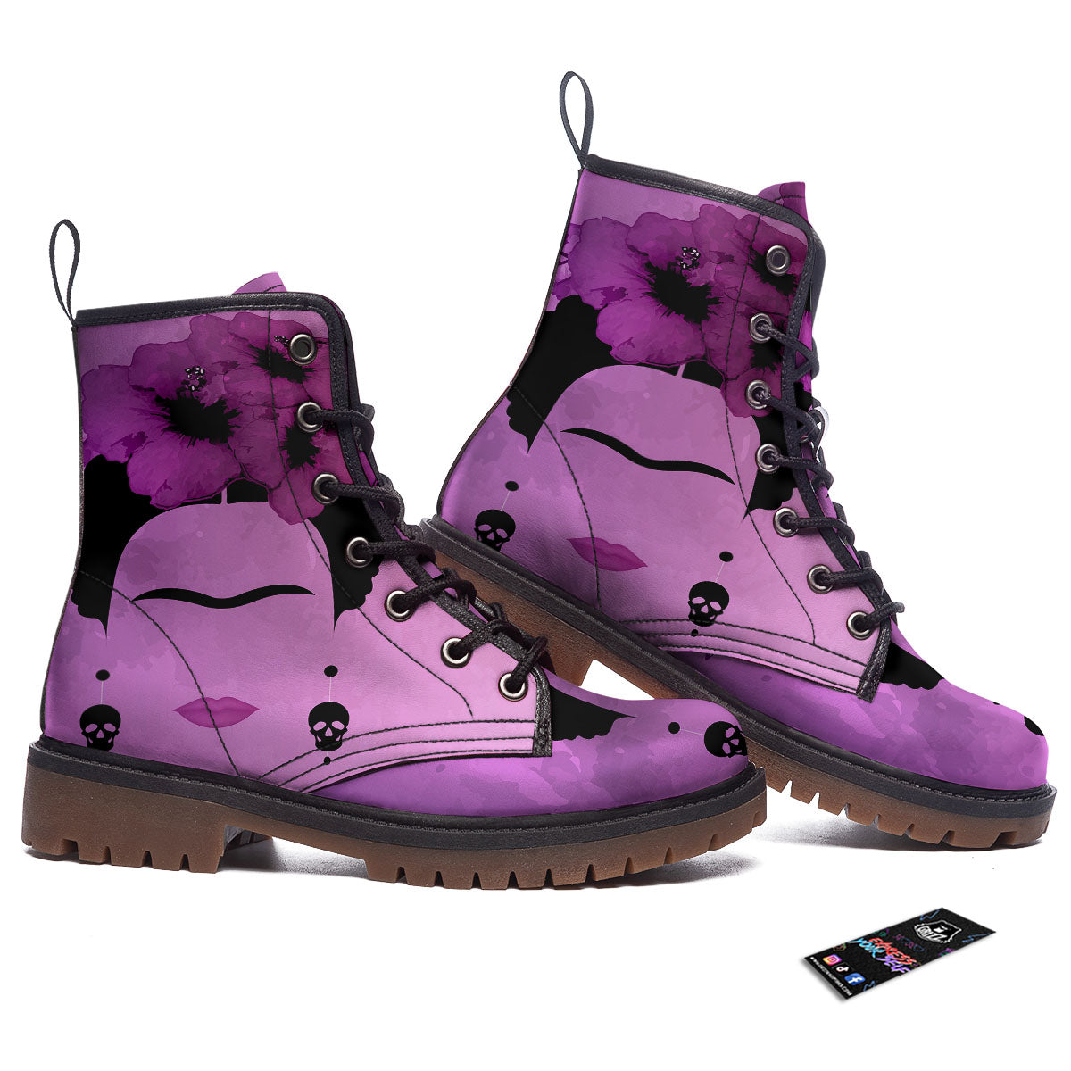 Pink Floral And Frida Kahlo Print Work Boots-grizzshop