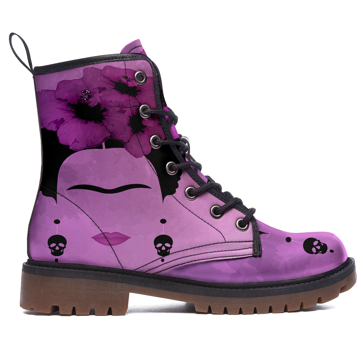 Pink Floral And Frida Kahlo Print Work Boots-grizzshop