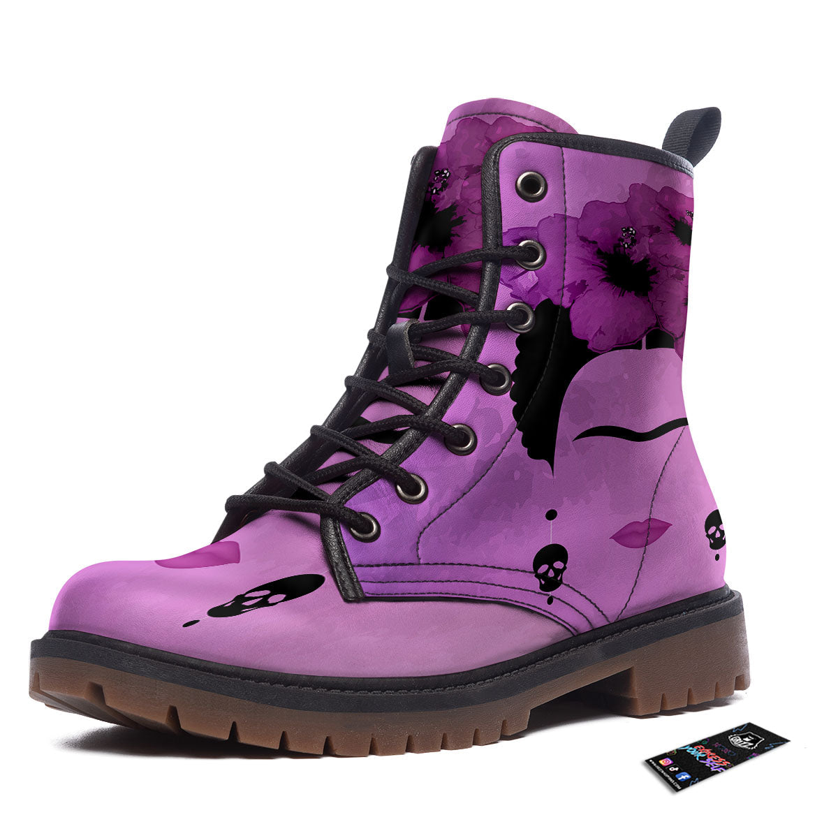Pink Floral And Frida Kahlo Print Work Boots-grizzshop
