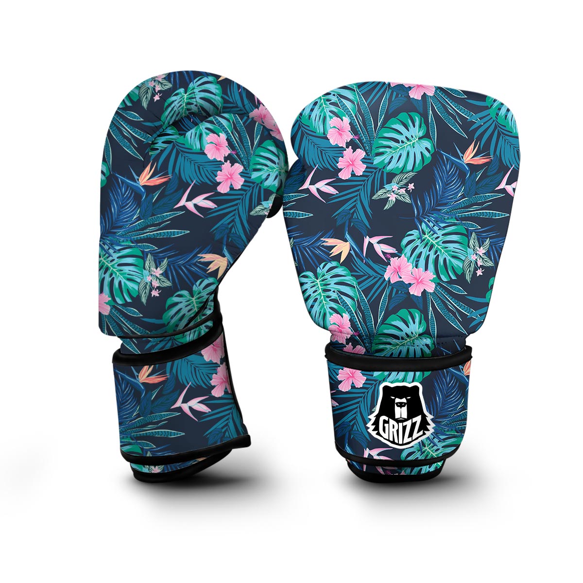 Pink Floral Tropical Palm Leaves Hawaiian Pattern Print Boxing Gloves-grizzshop