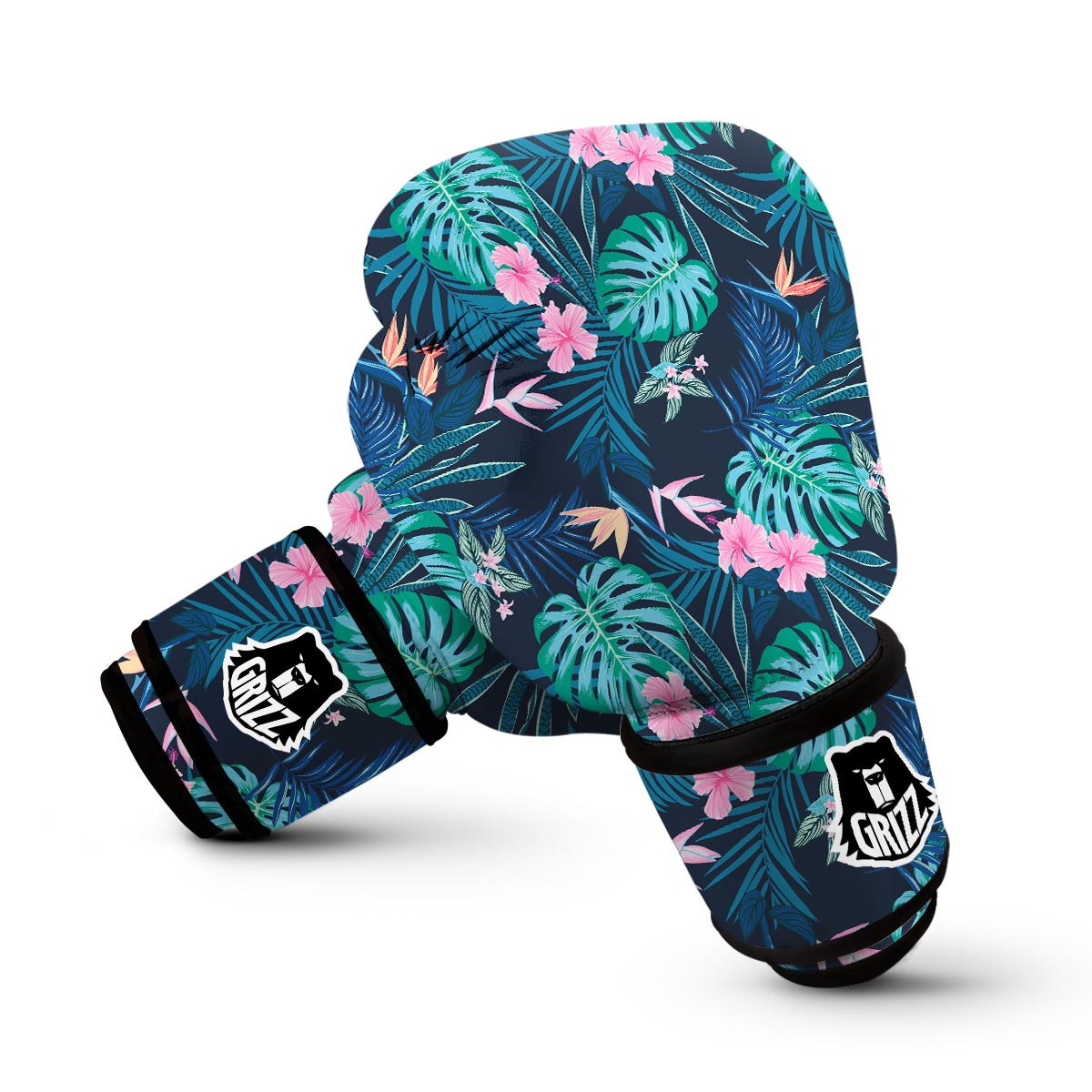 Pink Floral Tropical Palm Leaves Hawaiian Pattern Print Boxing Gloves-grizzshop