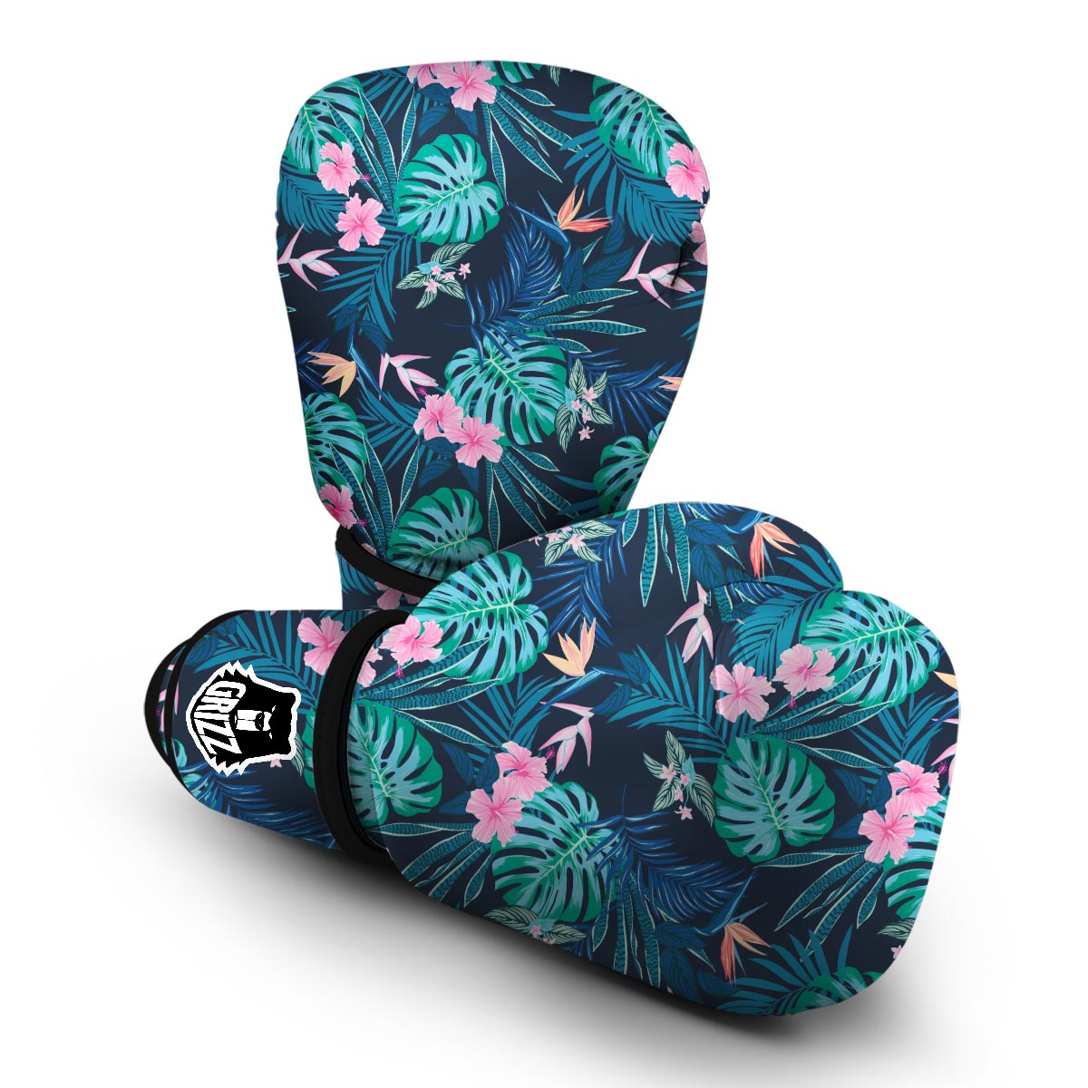 Pink Floral Tropical Palm Leaves Hawaiian Pattern Print Boxing Gloves-grizzshop