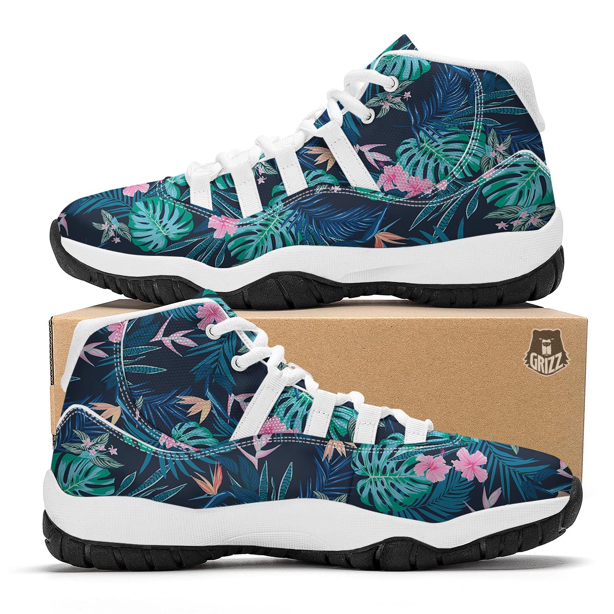 Pink Floral Tropical Palm Leaves Hawaiian Pattern Print White Bball Shoes-grizzshop