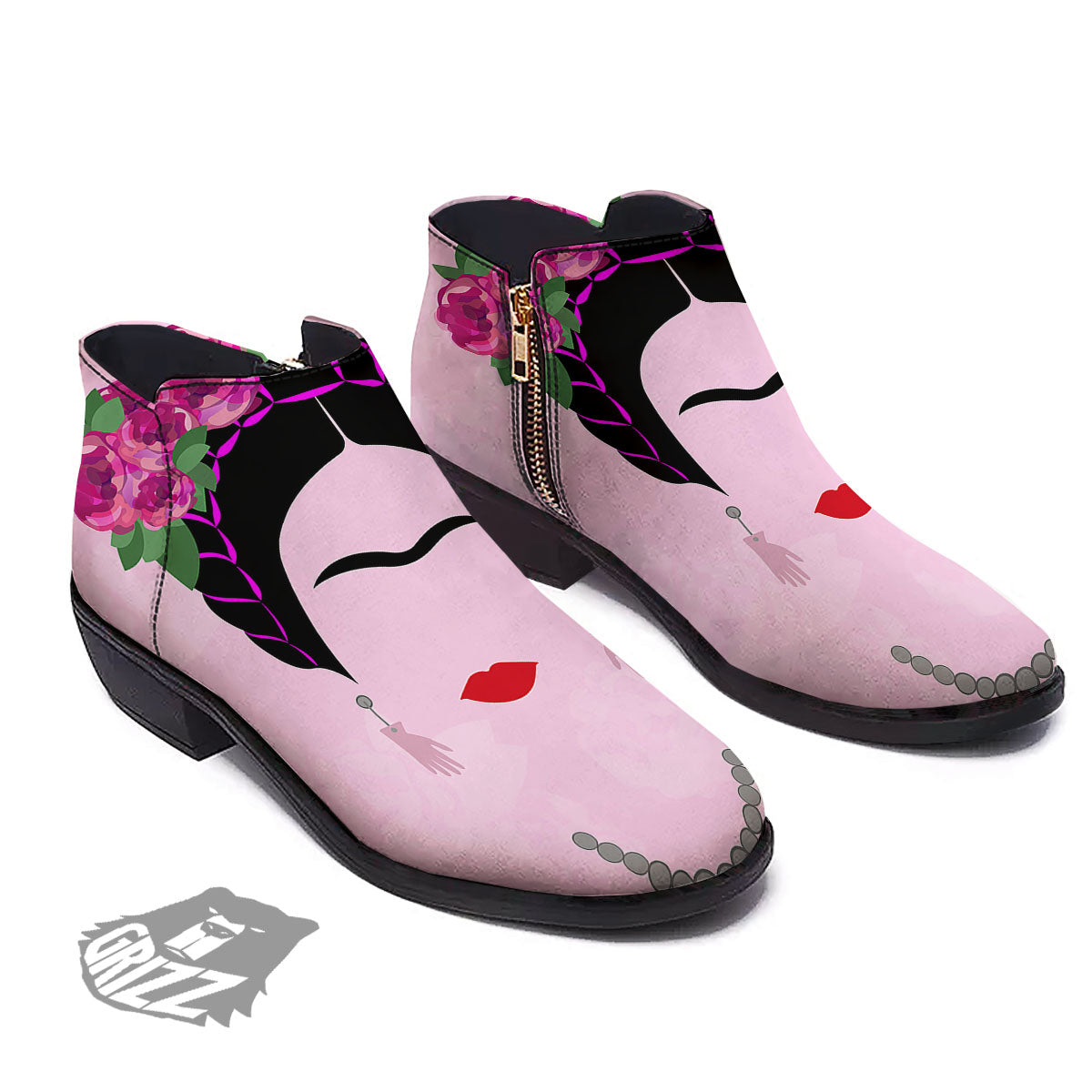 Pink Flower And Frida Kahlo Print Ankle Boots-grizzshop