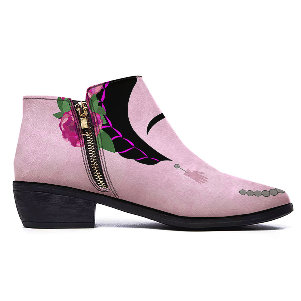 Pink Flower And Frida Kahlo Print Ankle Boots-grizzshop