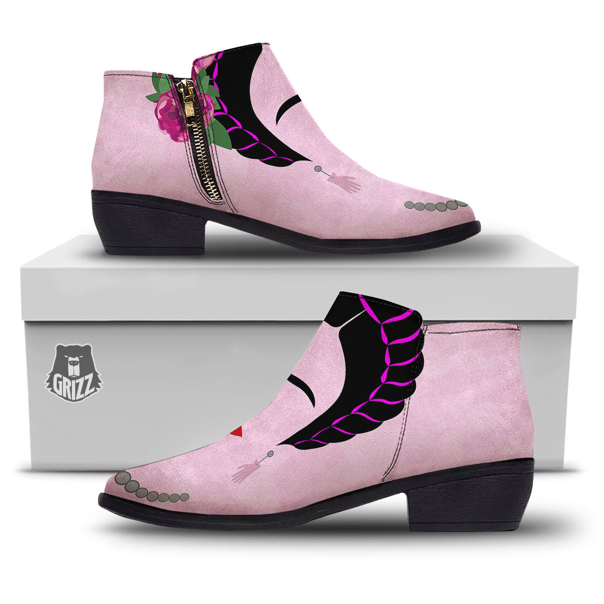 Pink Flower And Frida Kahlo Print Ankle Boots-grizzshop