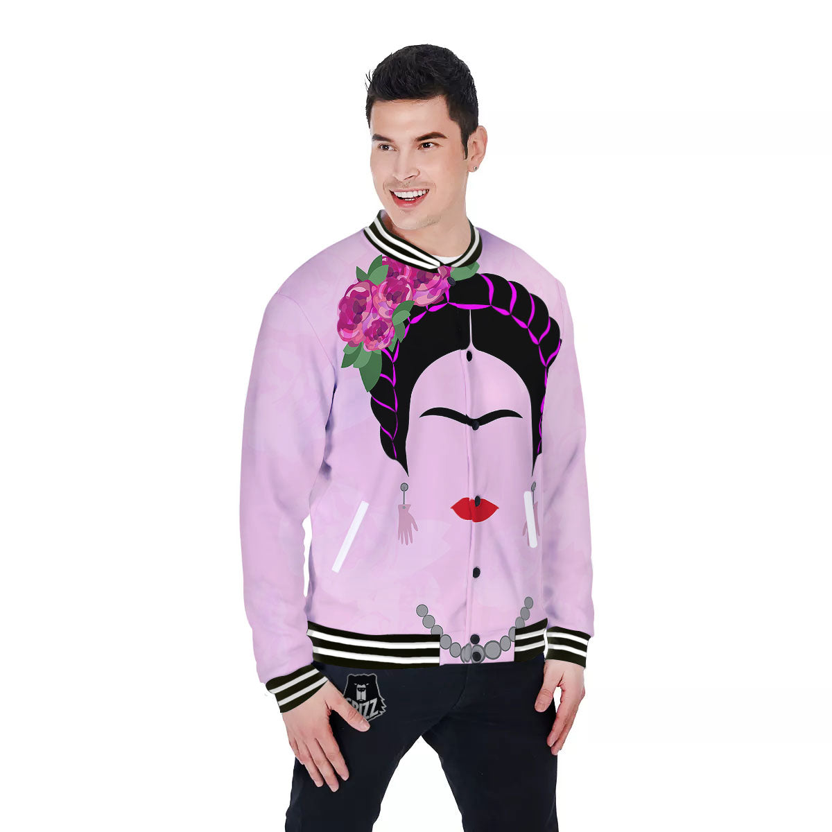 Pink Flower And Frida Kahlo Print Baseball Jacket-grizzshop