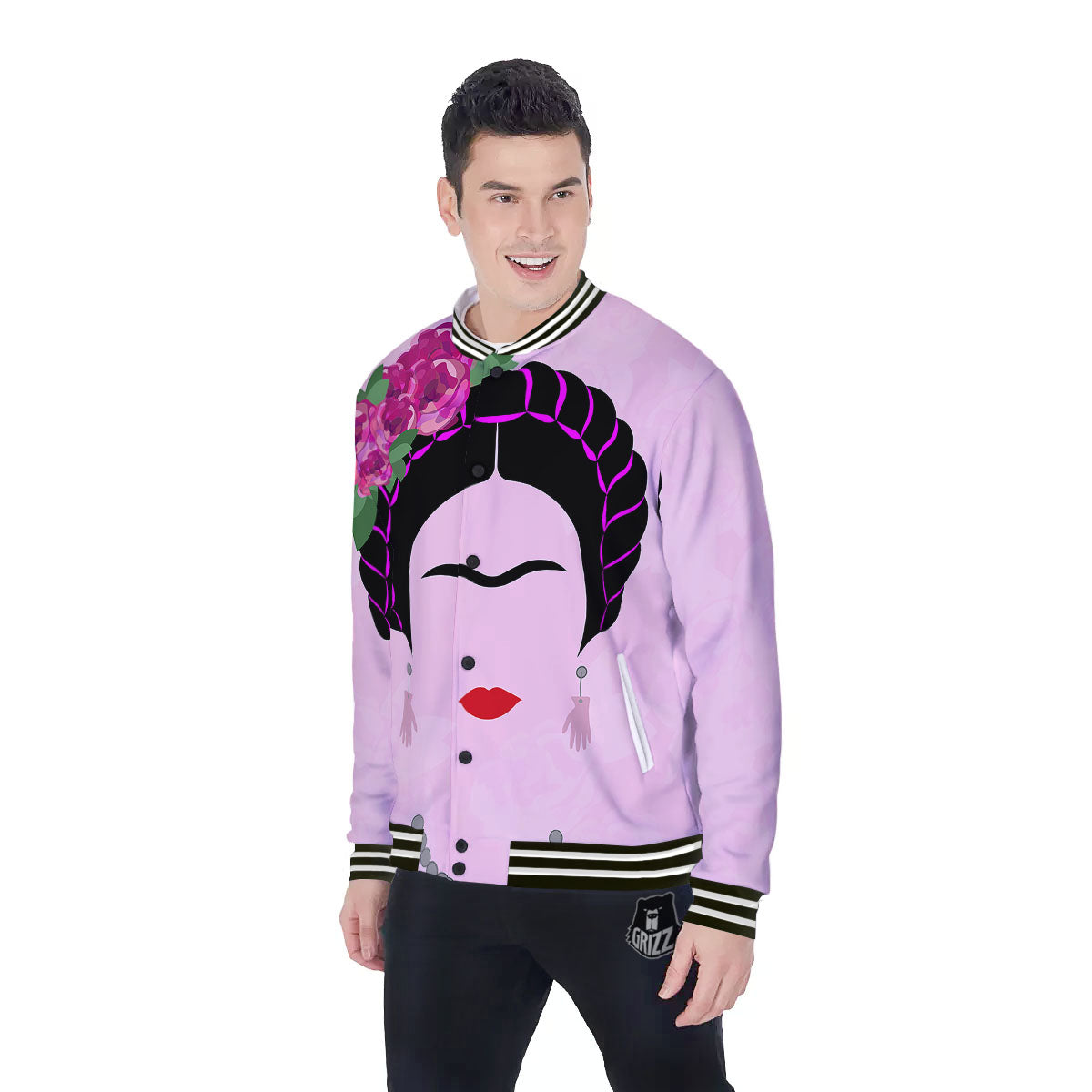 Pink Flower And Frida Kahlo Print Baseball Jacket-grizzshop