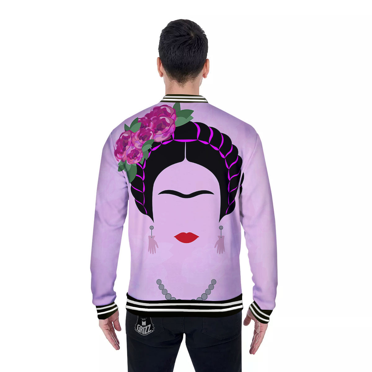 Pink Flower And Frida Kahlo Print Baseball Jacket-grizzshop
