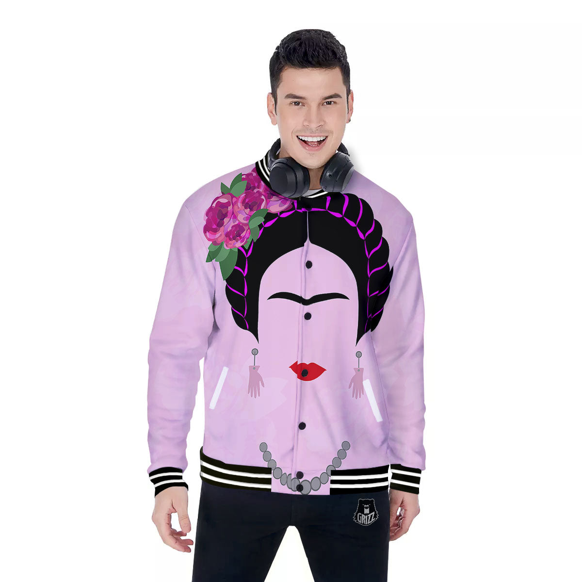Pink Flower And Frida Kahlo Print Baseball Jacket-grizzshop