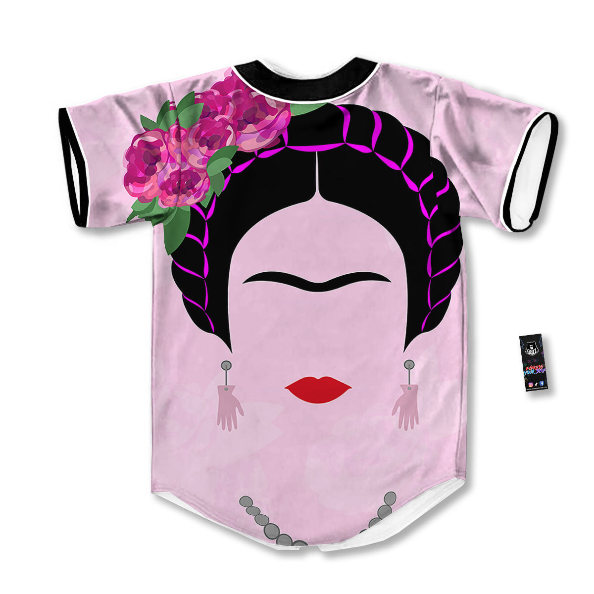 Pink Flower And Frida Kahlo Print Baseball Jersey-grizzshop