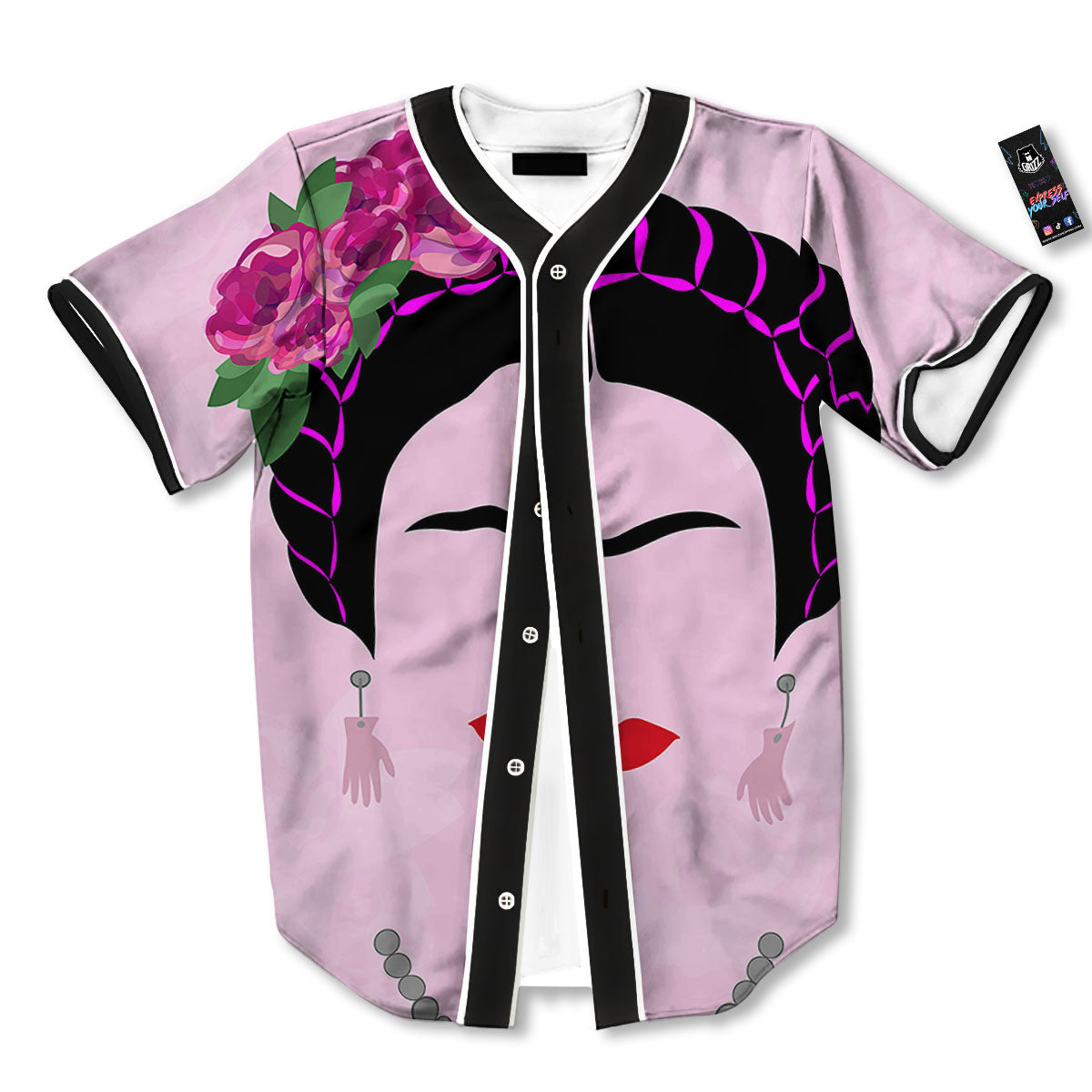 Pink Flower And Frida Kahlo Print Baseball Jersey-grizzshop