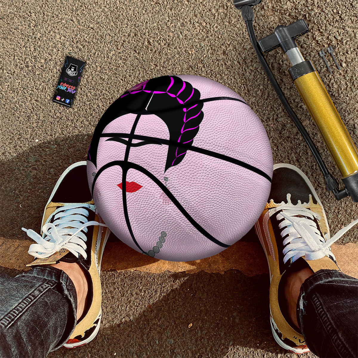 Pink Flower And Frida Kahlo Print Basketball-grizzshop
