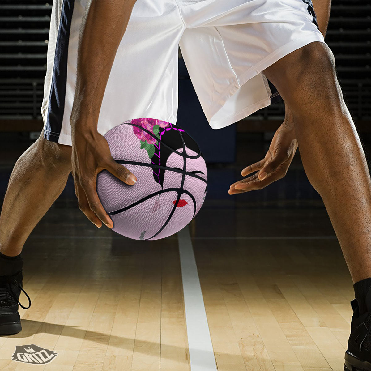 Pink Flower And Frida Kahlo Print Basketball-grizzshop