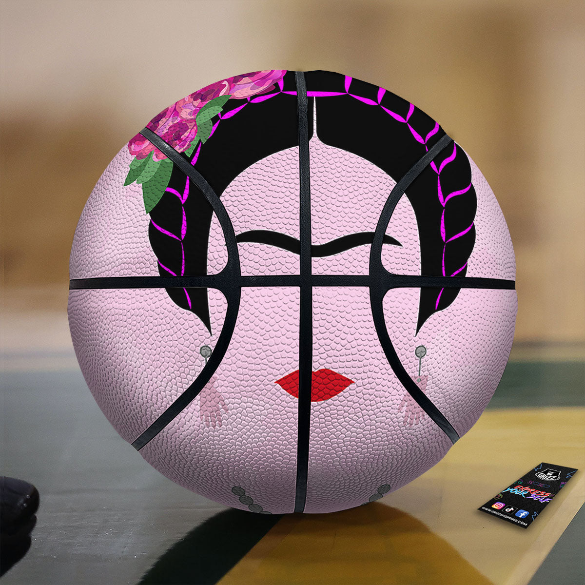 Pink Flower And Frida Kahlo Print Basketball-grizzshop