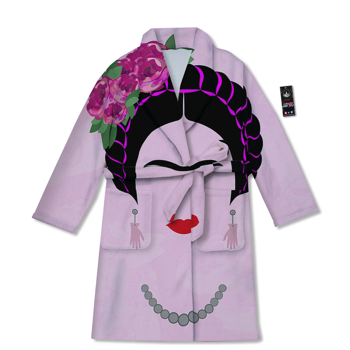 Pink Flower And Frida Kahlo Print Bathrobe-grizzshop
