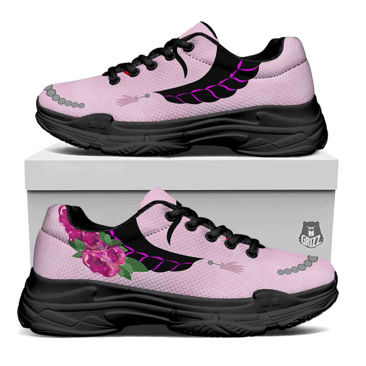 Pink Flower And Frida Kahlo Print Black Chunky Shoes-grizzshop