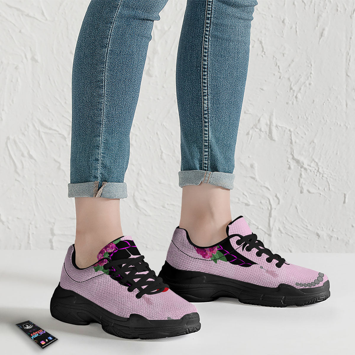 Pink Flower And Frida Kahlo Print Black Chunky Shoes-grizzshop