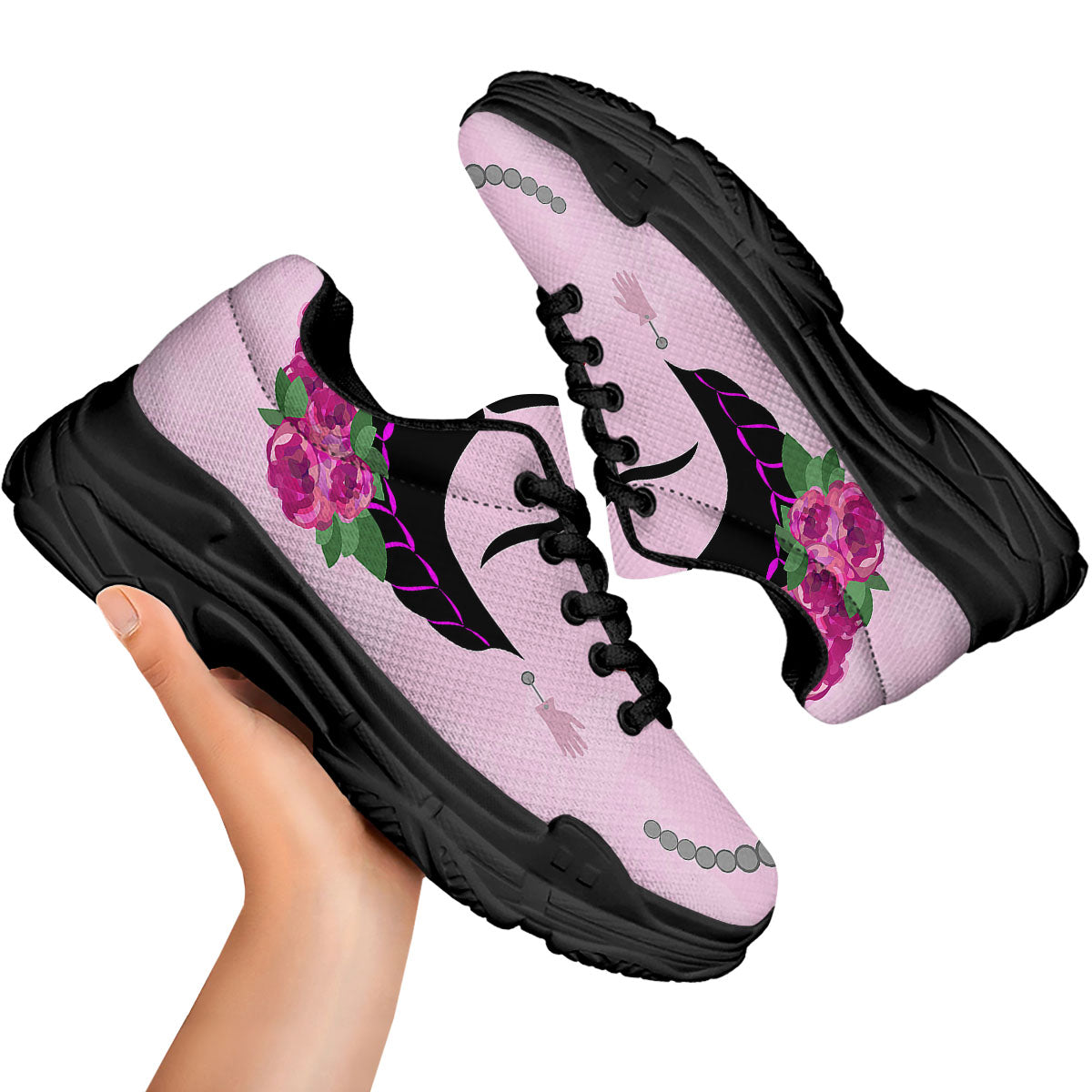 Pink Flower And Frida Kahlo Print Black Chunky Shoes-grizzshop