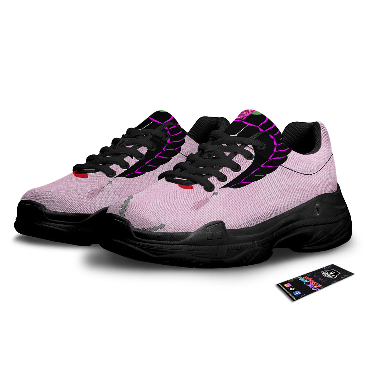 Pink Flower And Frida Kahlo Print Black Chunky Shoes-grizzshop