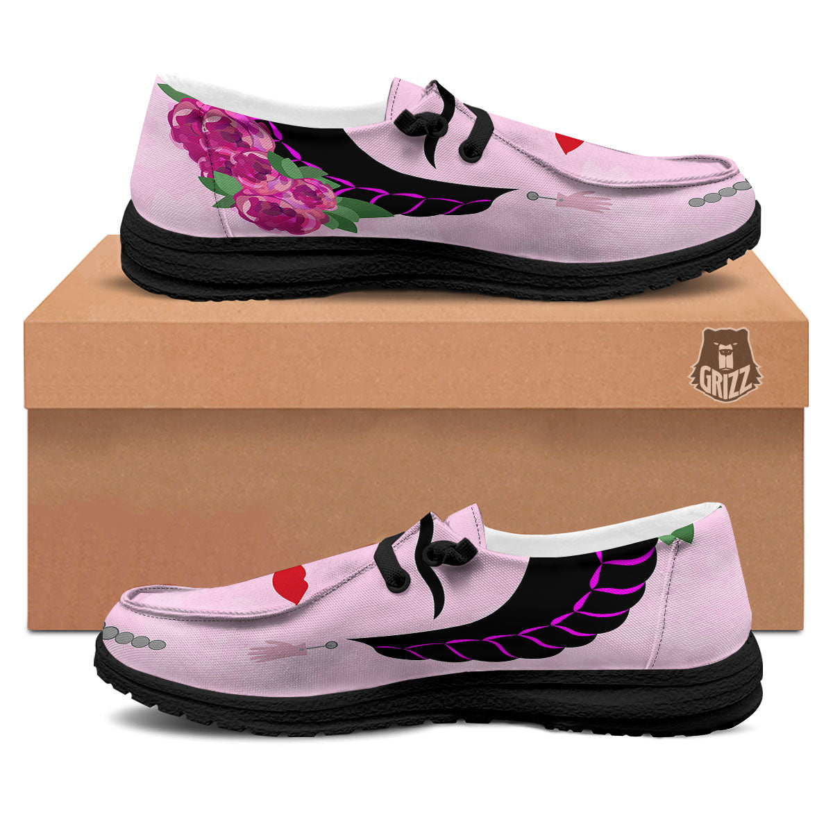 Pink Flower And Frida Kahlo Print Black Loafers-grizzshop