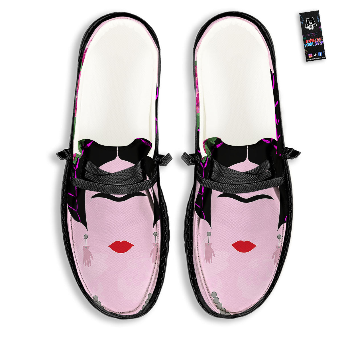 Pink Flower And Frida Kahlo Print Black Loafers-grizzshop