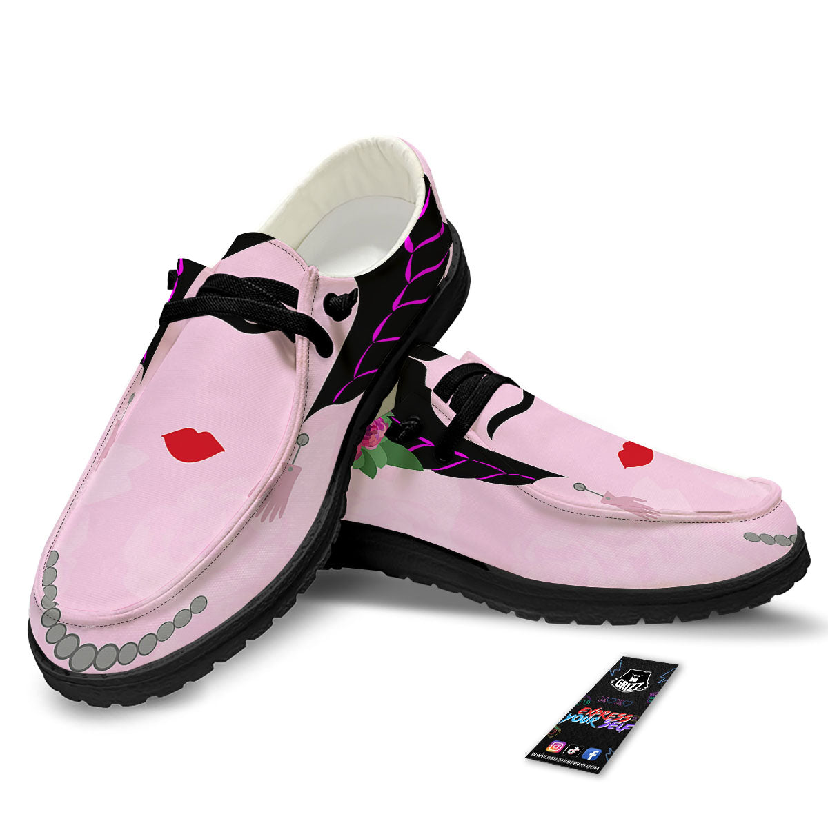 Pink Flower And Frida Kahlo Print Black Loafers-grizzshop