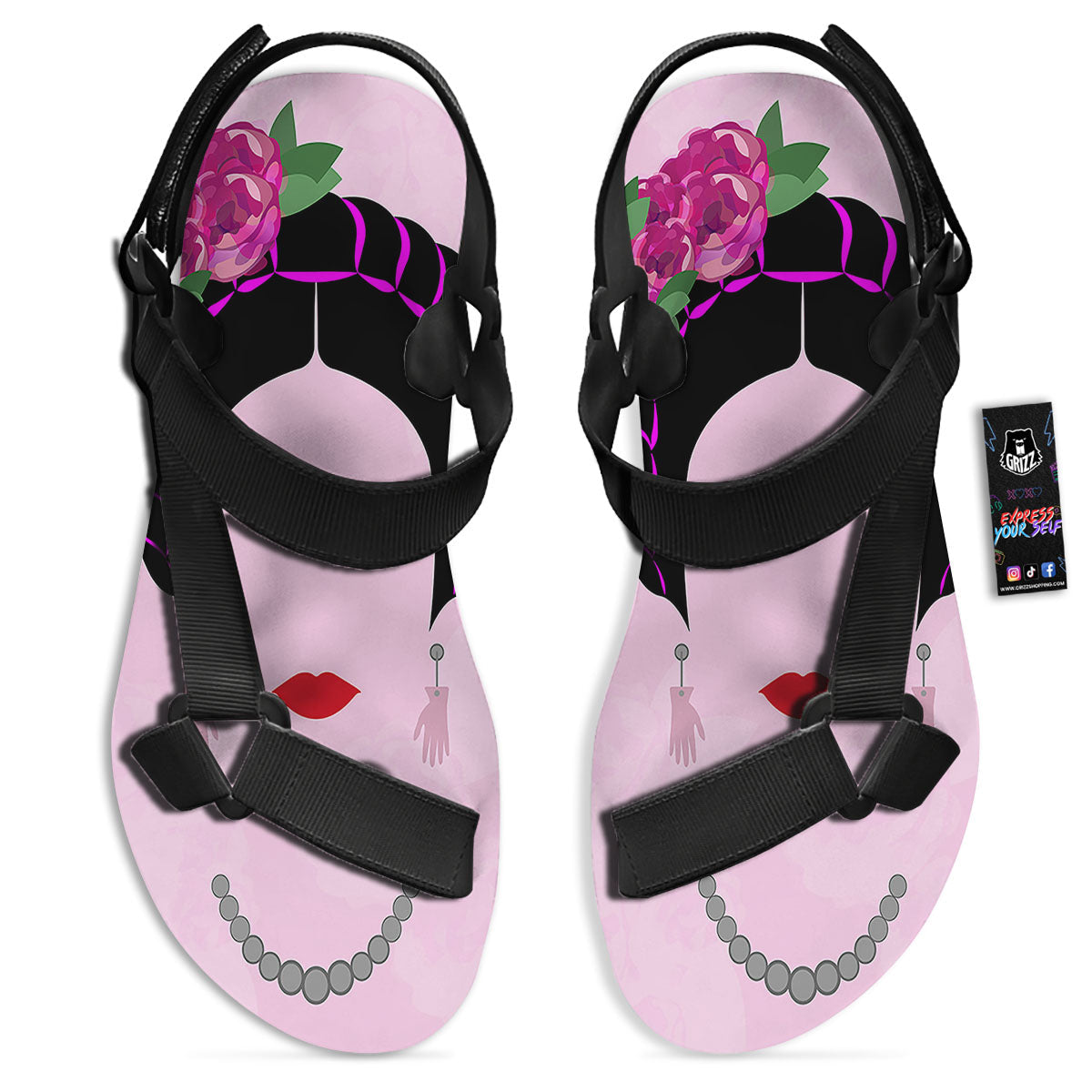 Pink Flower And Frida Kahlo Print Black Open Toe Sandals-grizzshop