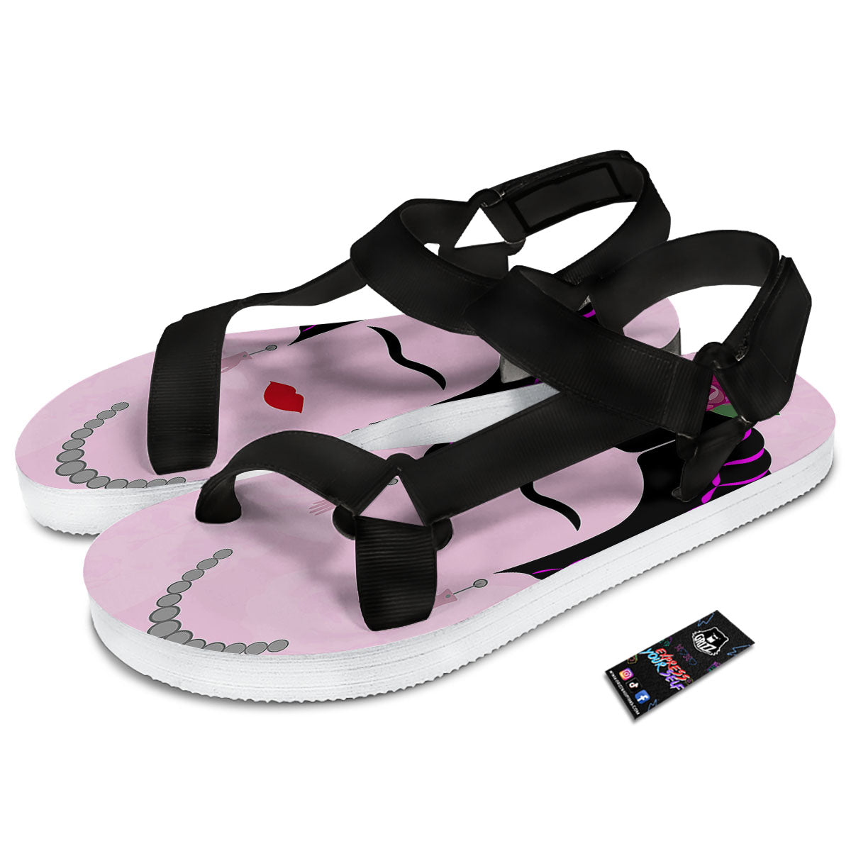Pink Flower And Frida Kahlo Print Black Open Toe Sandals-grizzshop
