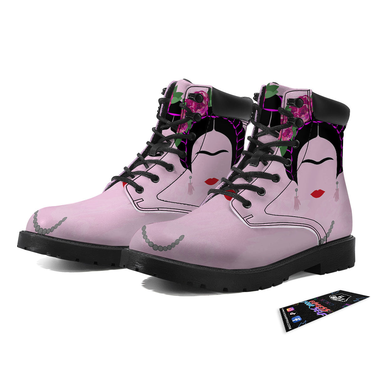 Pink Flower And Frida Kahlo Print Boots-grizzshop