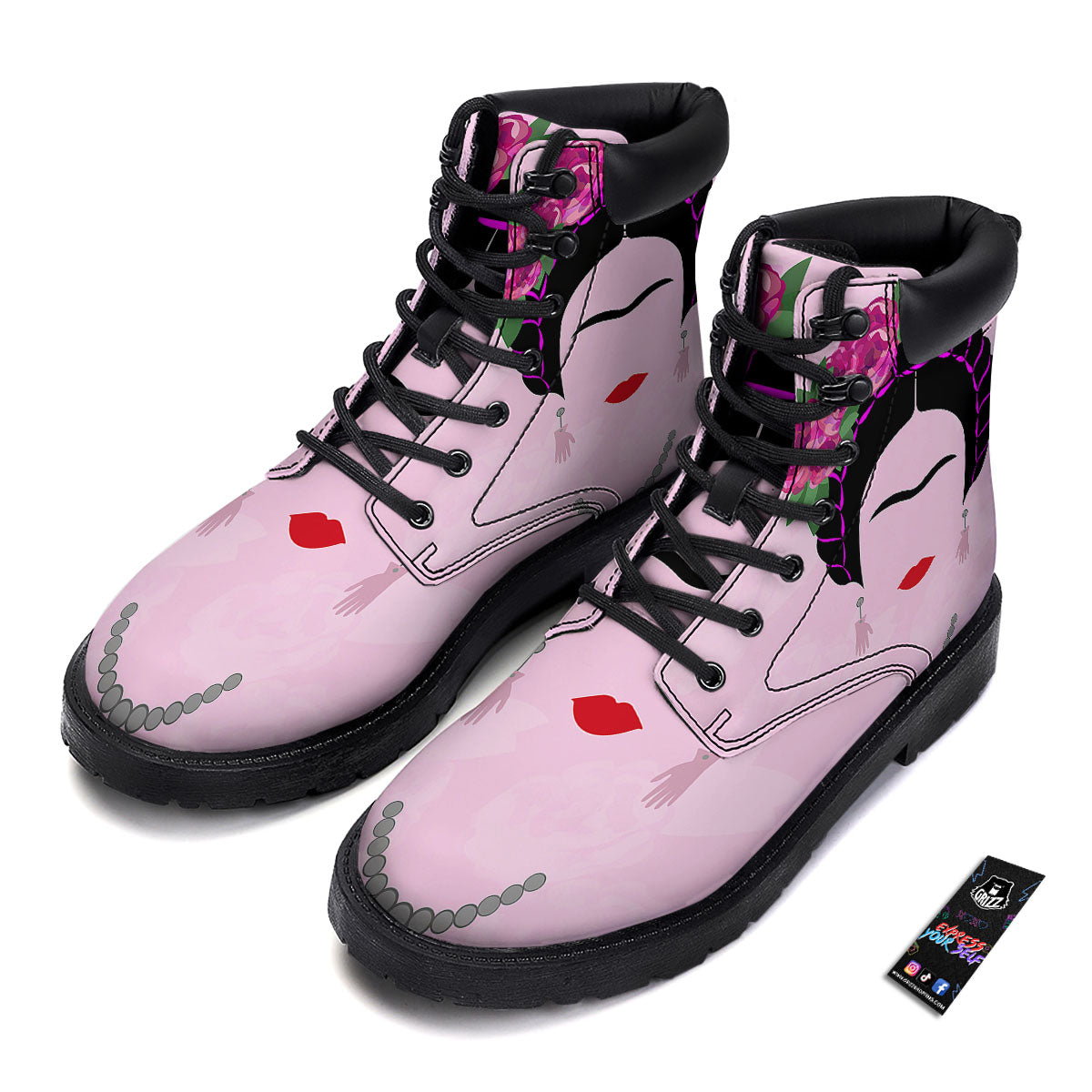 Pink Flower And Frida Kahlo Print Boots-grizzshop