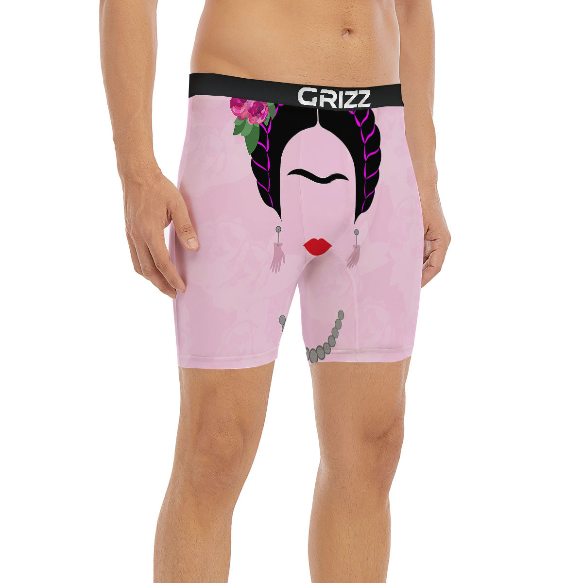 Pink Flower And Frida Kahlo Print Boxer Briefs-grizzshop