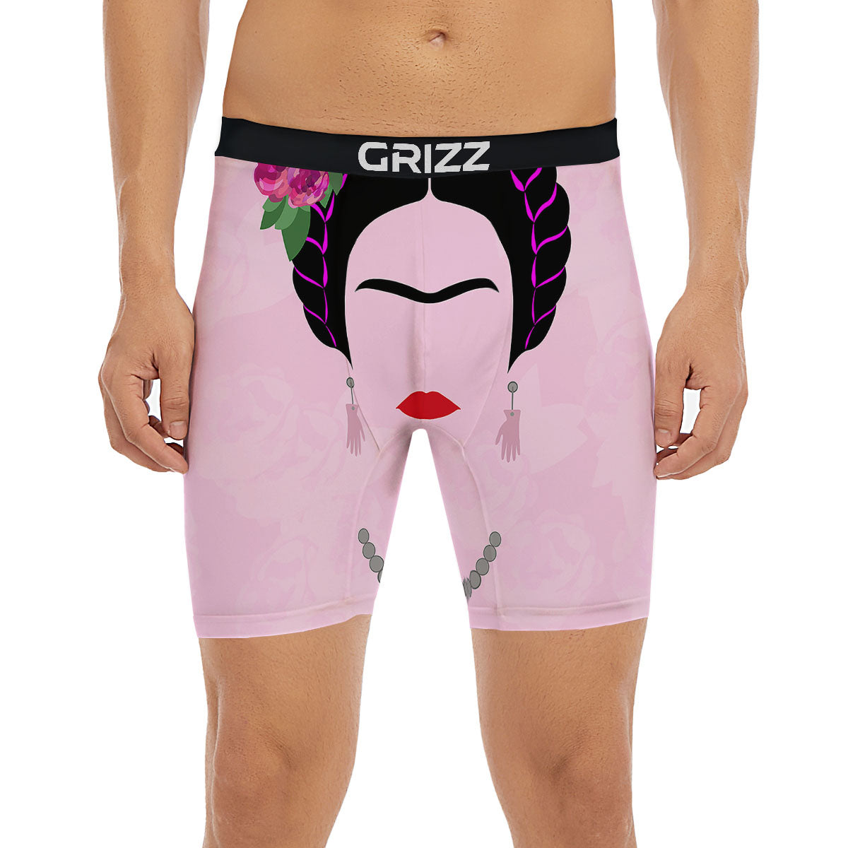 Pink Flower And Frida Kahlo Print Boxer Briefs-grizzshop
