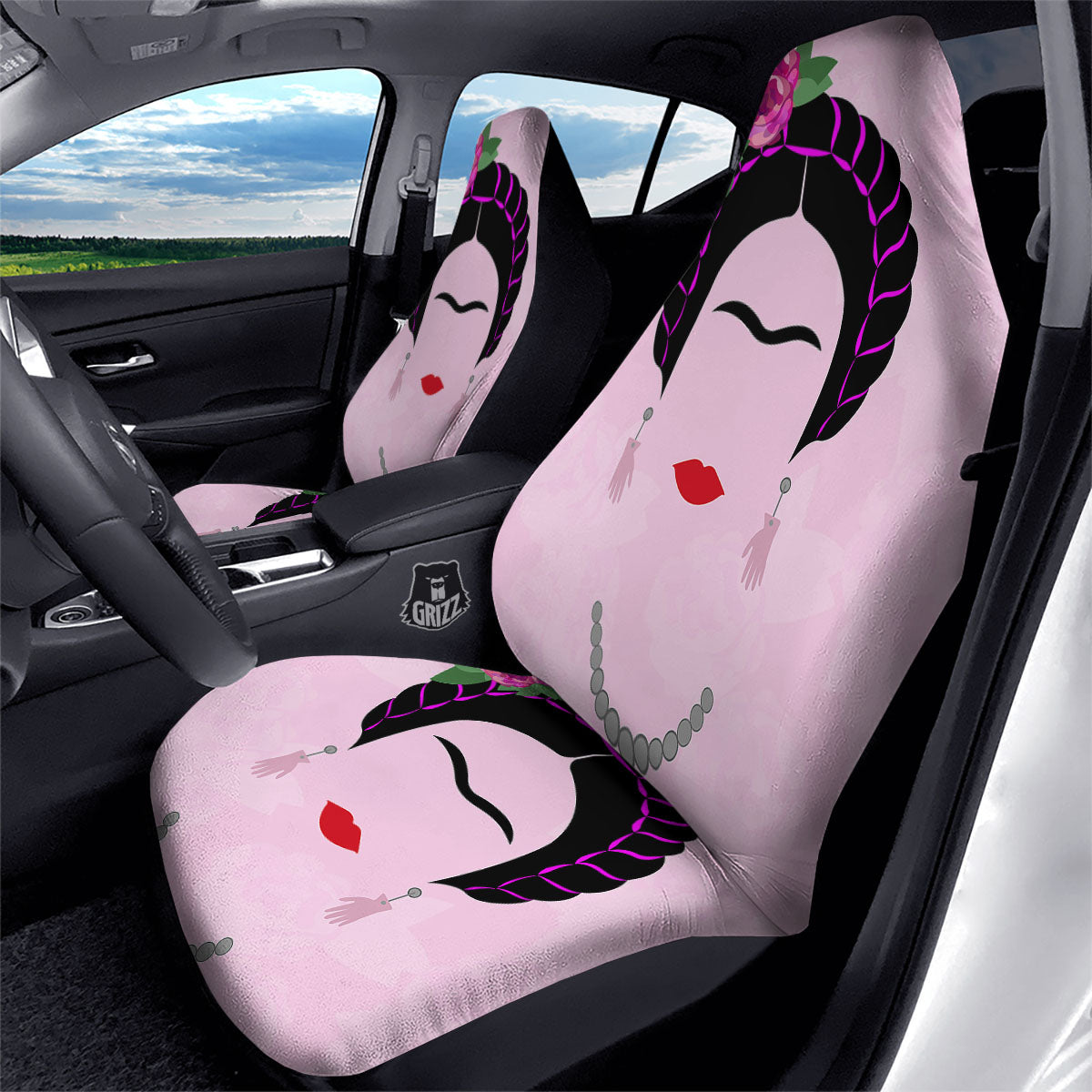 Pink Flower And Frida Kahlo Print Car Seat Covers-grizzshop