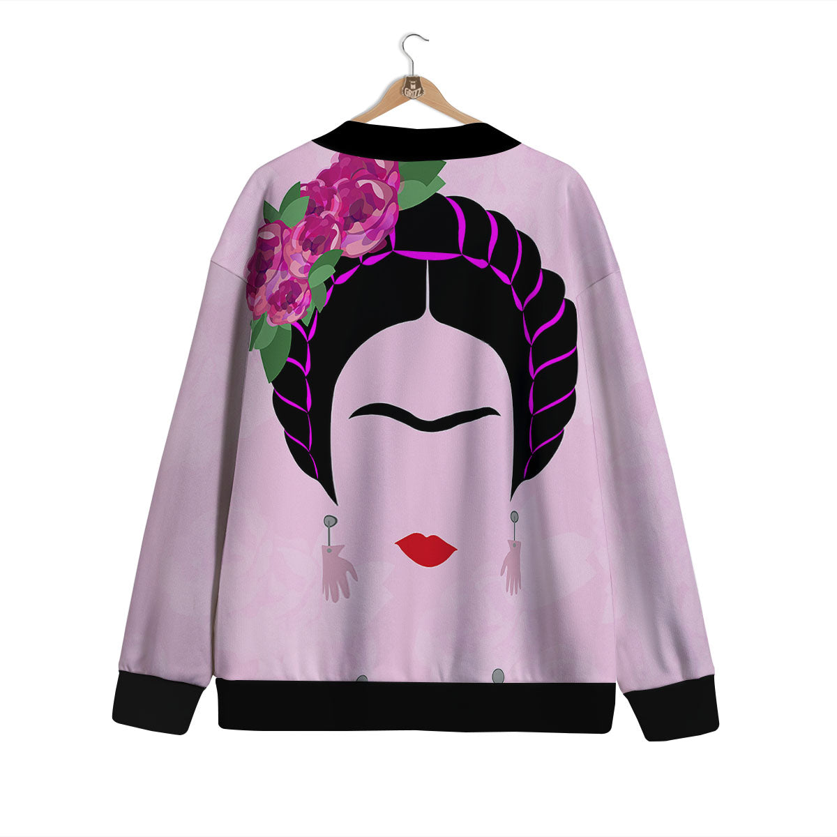Pink Flower And Frida Kahlo Print Cardigan-grizzshop