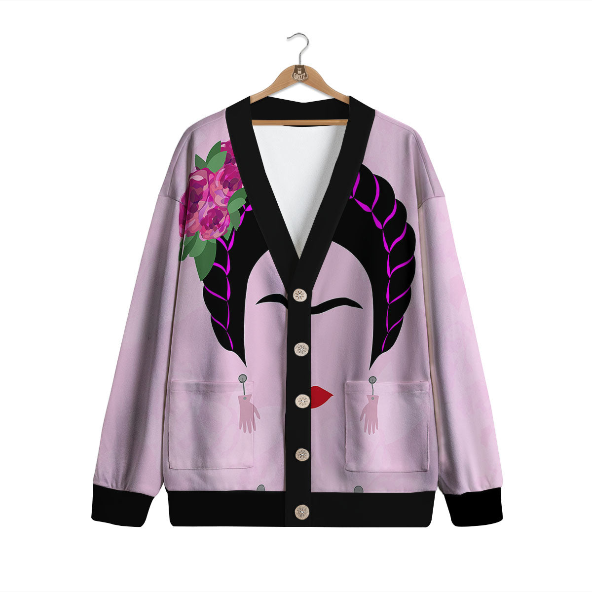 Pink Flower And Frida Kahlo Print Cardigan-grizzshop