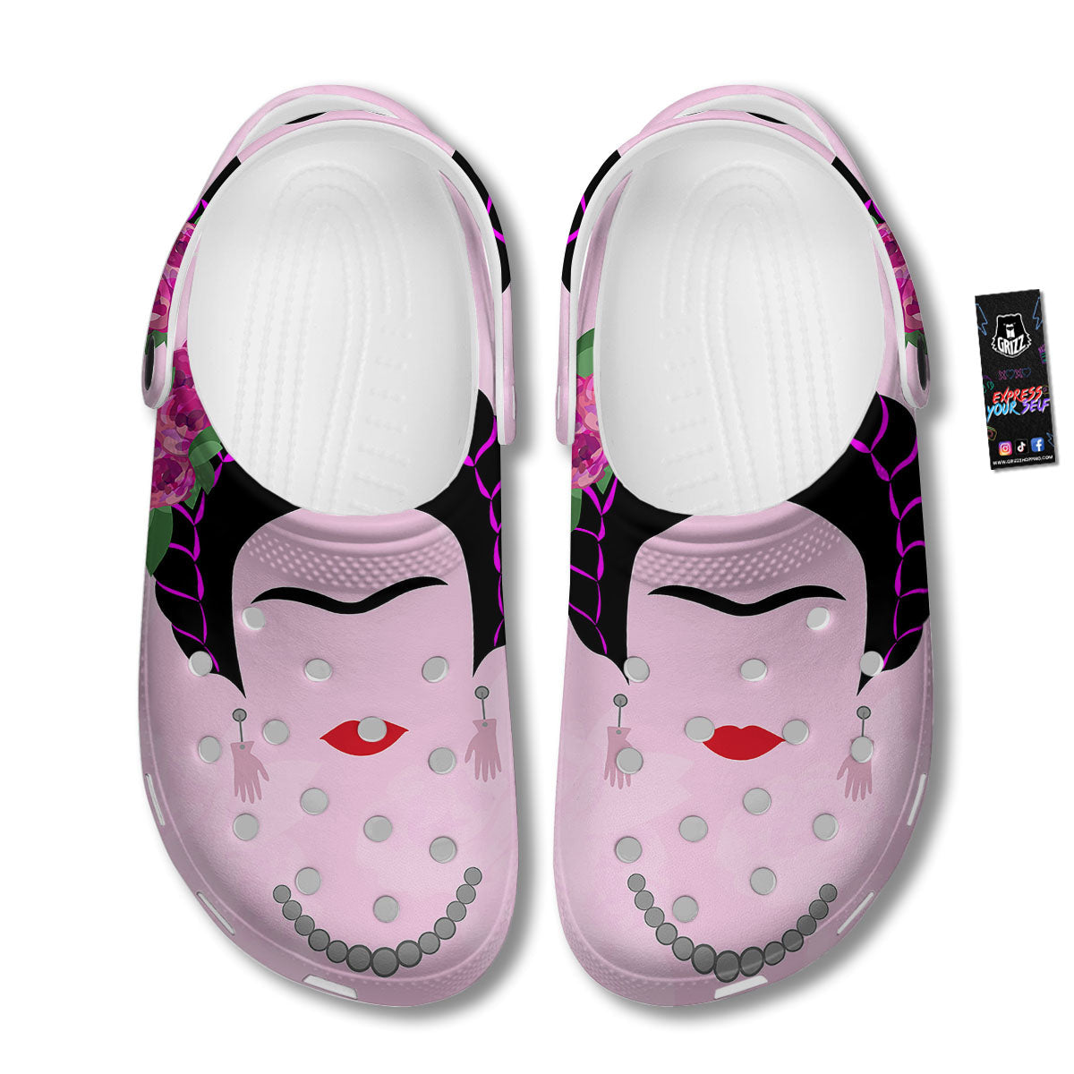 Pink Flower And Frida Kahlo Print Clog-grizzshop