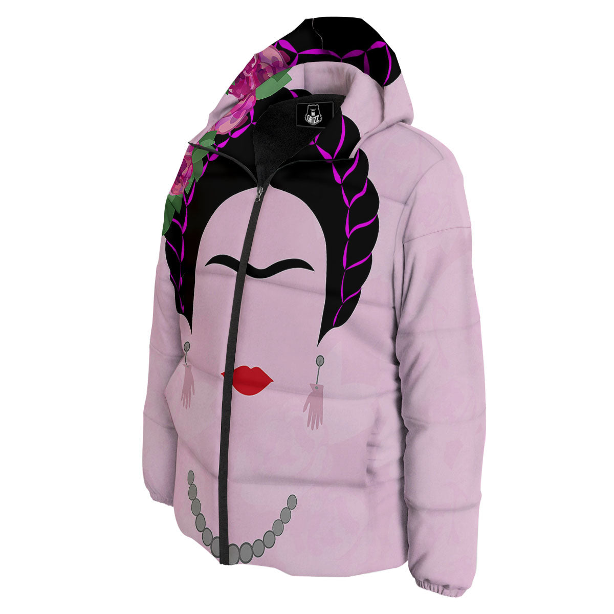 Pink Flower And Frida Kahlo Print Down Jacket-grizzshop